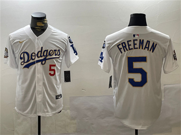 Los Angeles Dodgers #5 Freddie Freeman White Gold 2024 World Series With Fernando Memorial Patch Home Limited Stitched Jersey